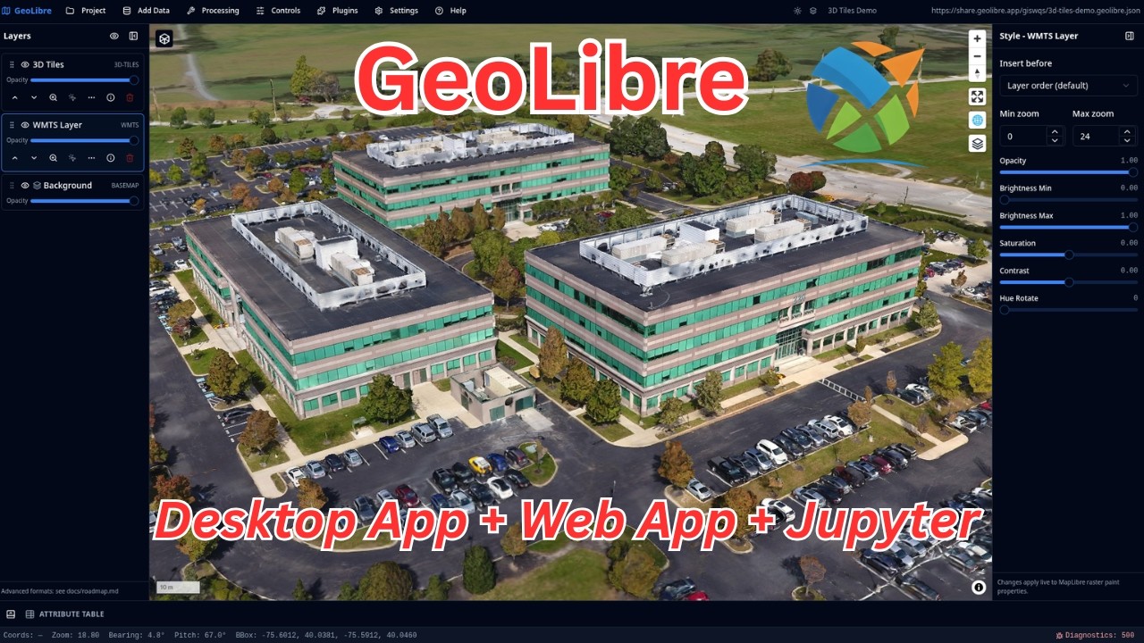 GeoLibre demo showing 3D Tiles rendered on a MapLibre map